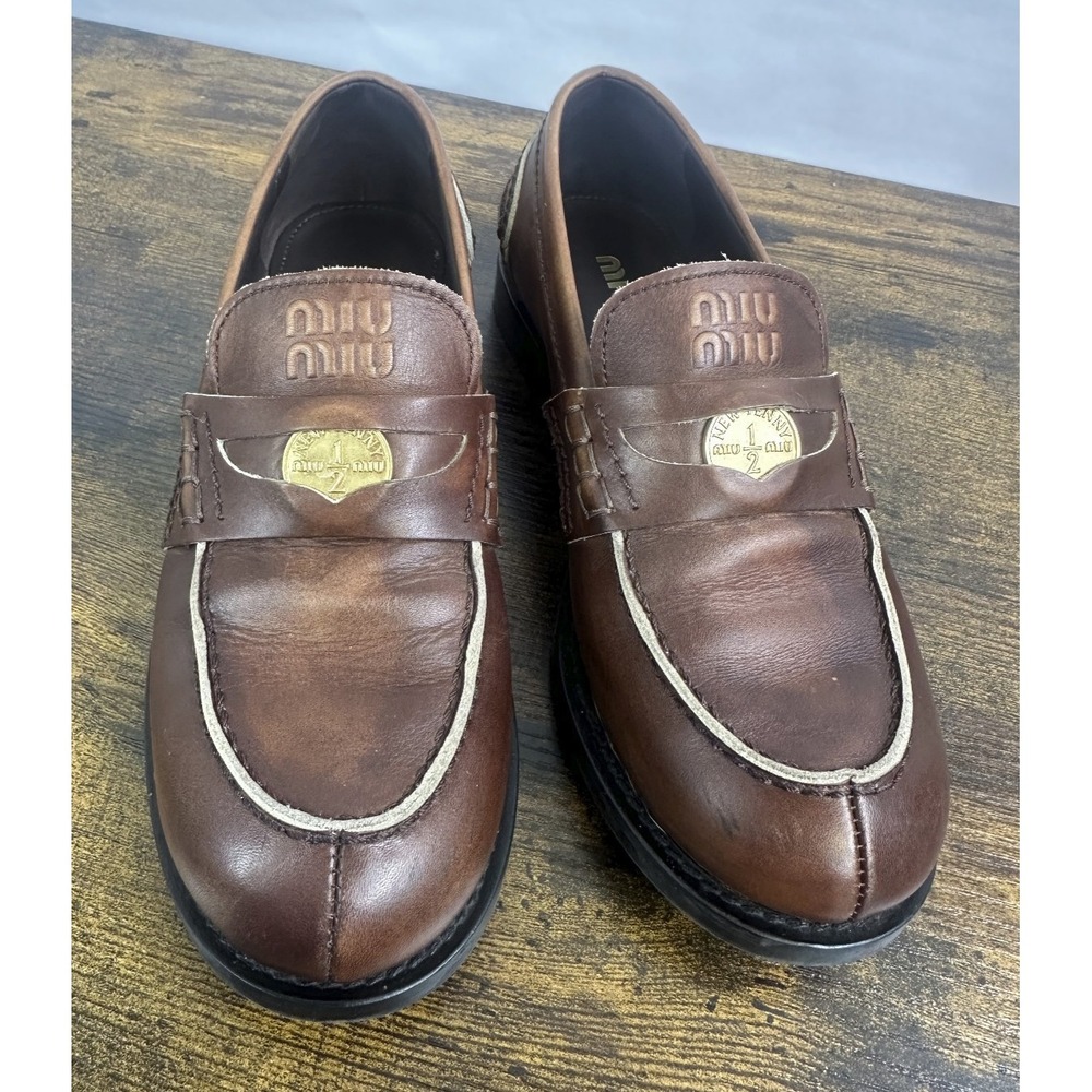MIU MIU Vintage-Effect Leather Coin Penny Loafers Brown EU Size 37 US 7 - Picture 2 of 16